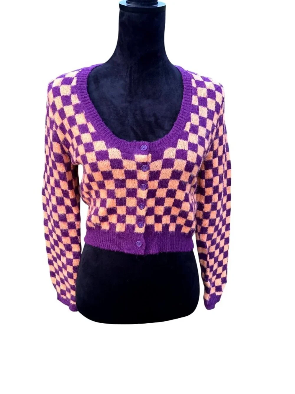 Zara Cropped Cardigan Sz Med Button up Check Wool Blend Knit Retro Vibes Preppy